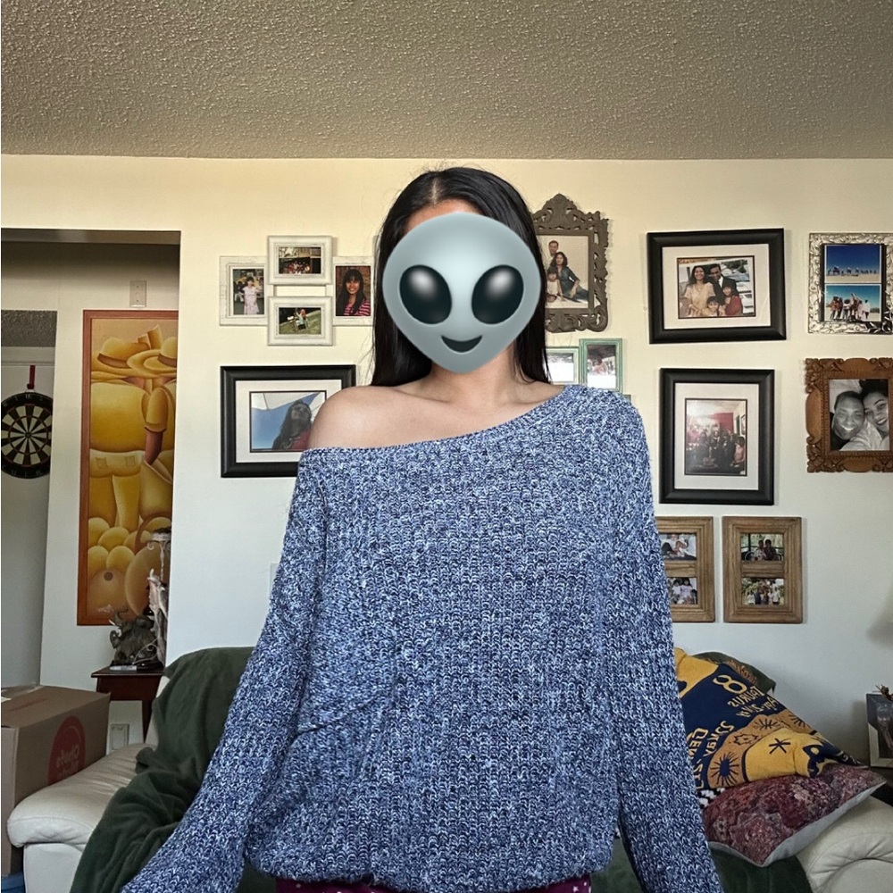 B4 Women's Off-Shoulder Blue Sweater (doesn’t have to be worn off the shoulder)